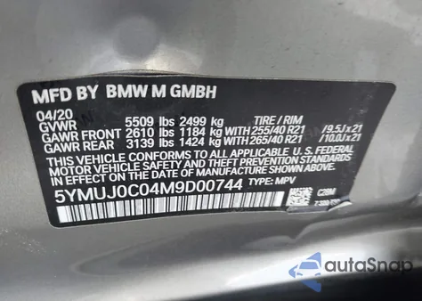 2021 BMW X4 M z USA, uszkodzony, nr VIN 5YMUJ0C04M9D00744